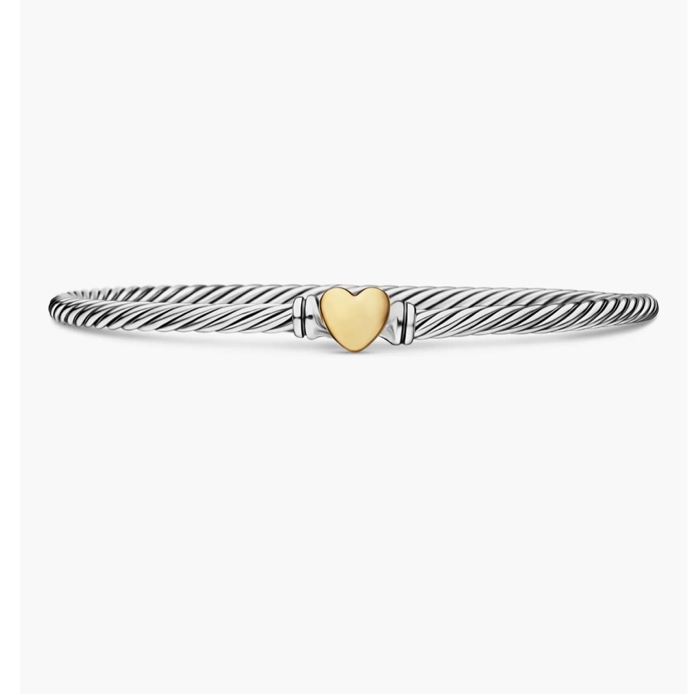 David Yurman Sterling Silver 18K Gold Heart Station 3mm Cable Bracelet NWOT